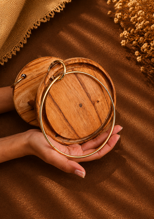 Wooden Wheel Structure with Round Golden Clasps and Handles