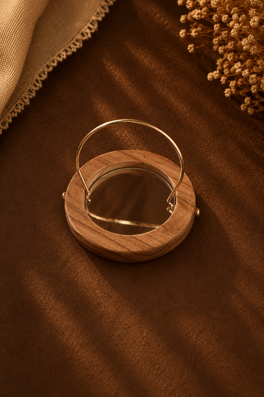 Wooden Acrylic Mirror Thali Structure with Golden D Handle- 6 inch