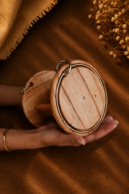 Wooden Wheel Structure with Round Golden Clasps and Handles