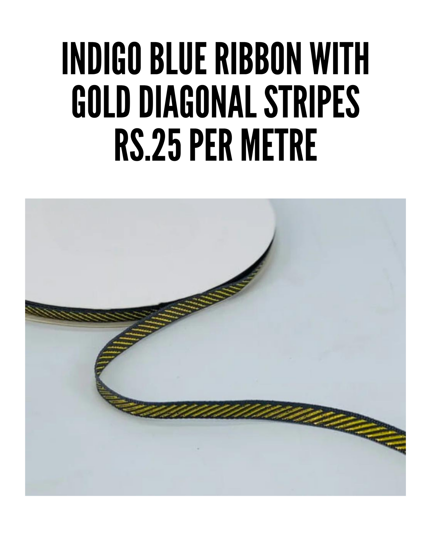 Indigo Blue Ribbon with Gold Diagonal Stripes- 5 metre