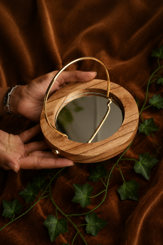 Wooden Acrylic Mirror Thali Structure with Golden D Handle- 6 inch