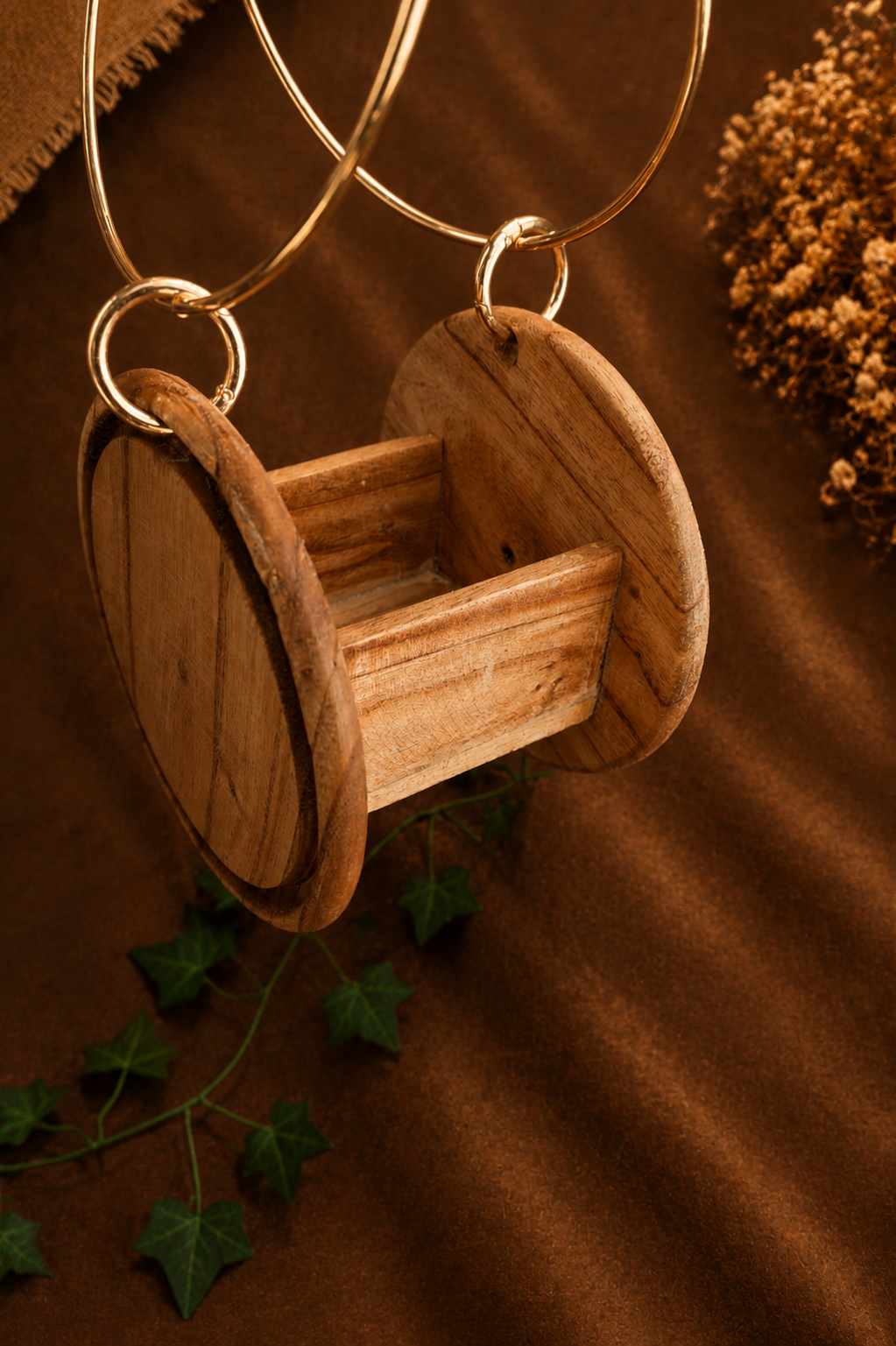 Wooden Wheel Structure with Round Golden Clasps and Handles