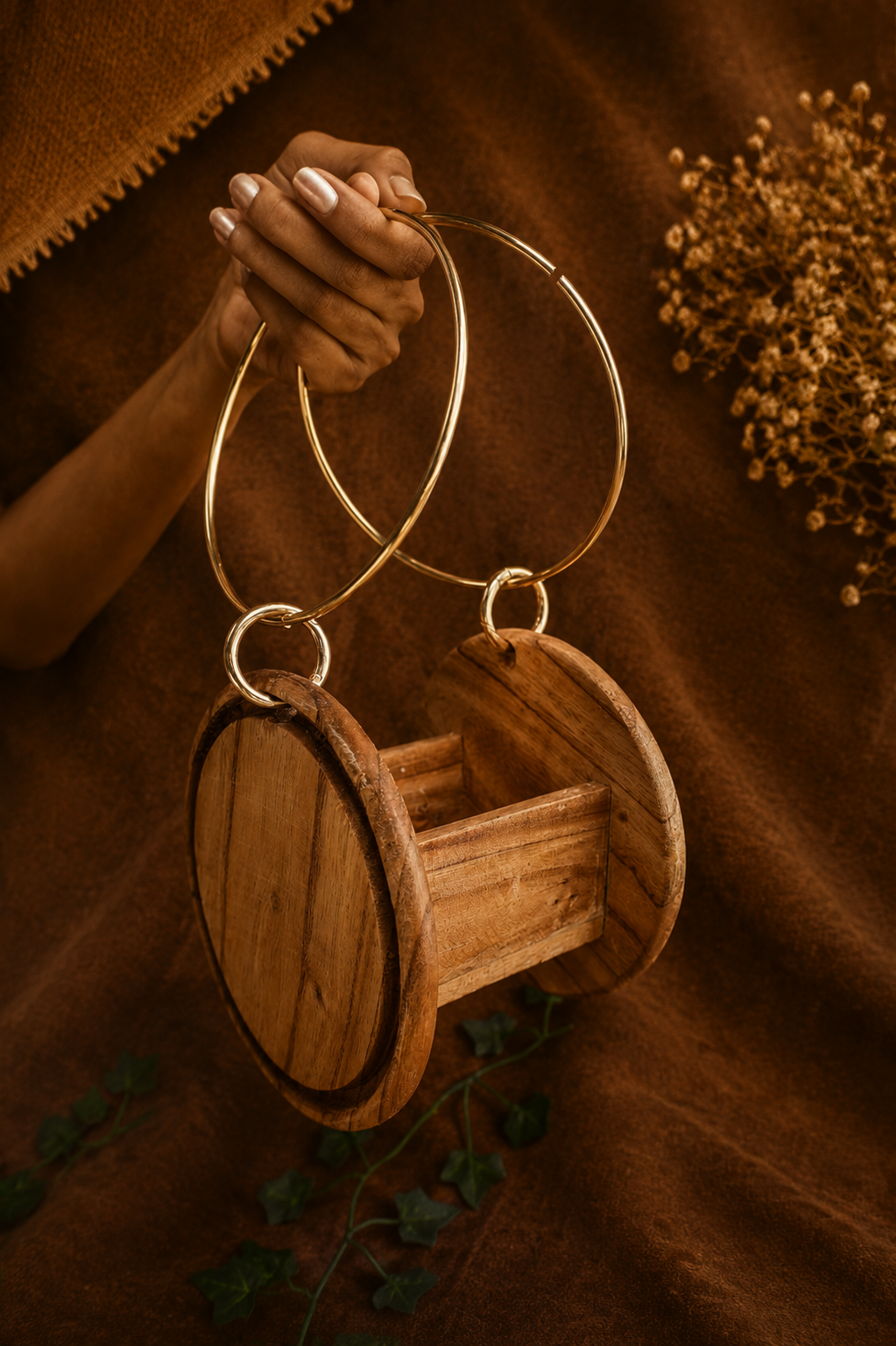 Wooden Wheel Structure with Round Golden Clasps and Handles
