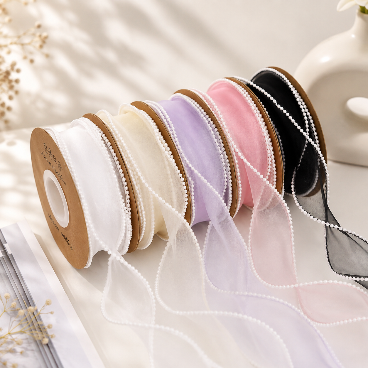 4 cm Beaded Organza Ribbon (5 Yards) | Multi-Color Bead Lace Trim (Set of 1 or 7)