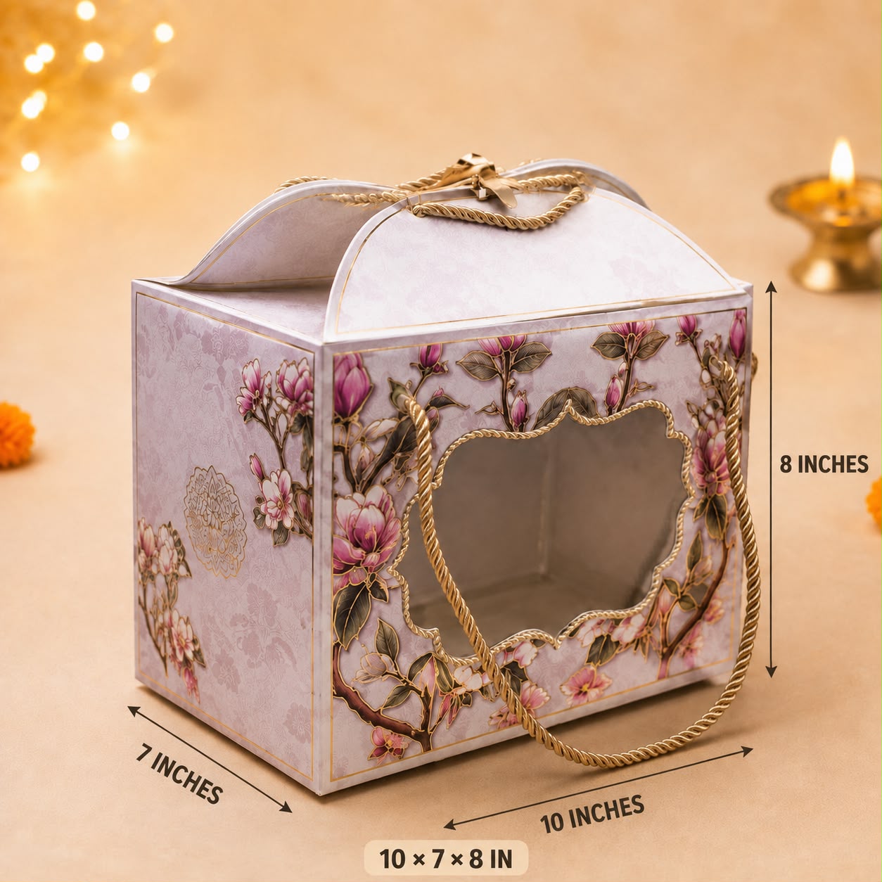 Vintage Floral Dome Top Hamper Box with Gold Rope Handle (10 x 7 x 8)