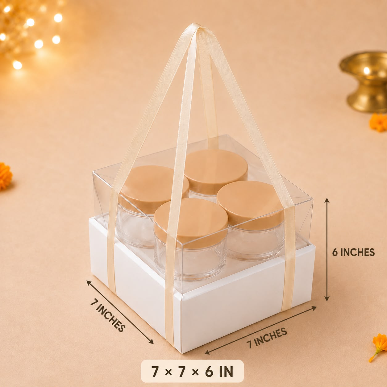 Luxury Clear-Top Square Hamper Box with Ribbon Handle (7 x 7 x 6 Inches)