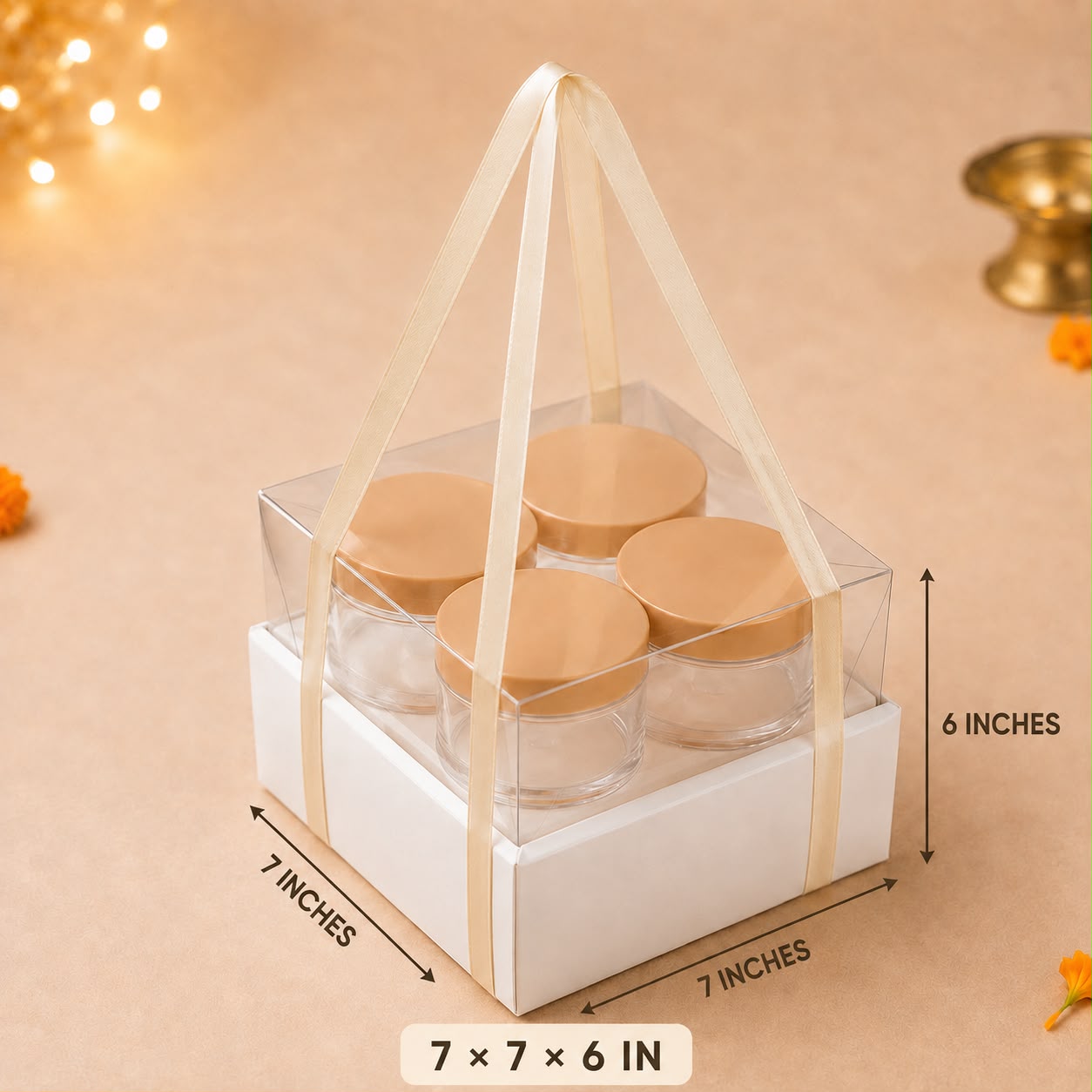 Luxury Clear-Top Square Hamper Box with Ribbon Handle (7 x 7 x 6 Inches)