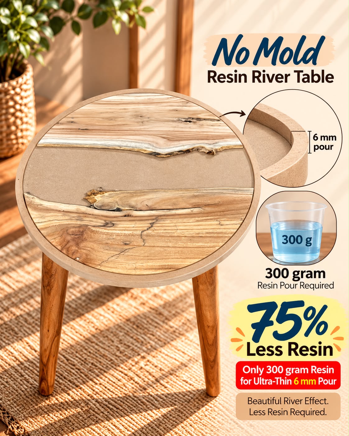 16" Resin Saver Round River Table with Wooden Legs  [Style 7]
