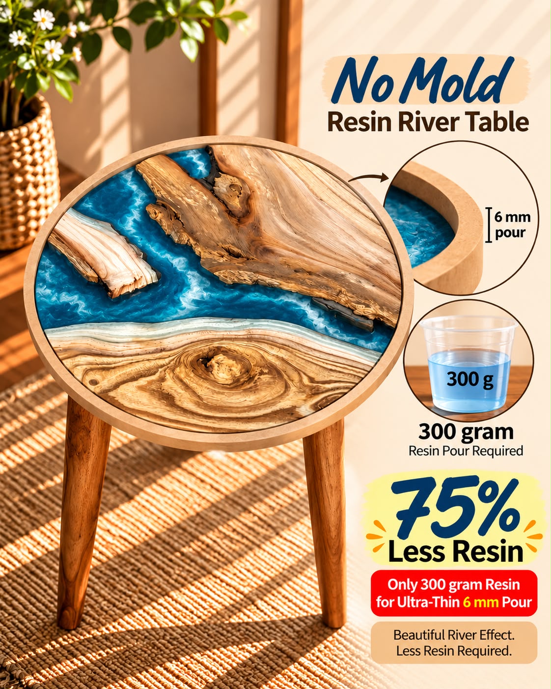 16" Resin Saver Round River Table with Wooden Legs  [Style 10]