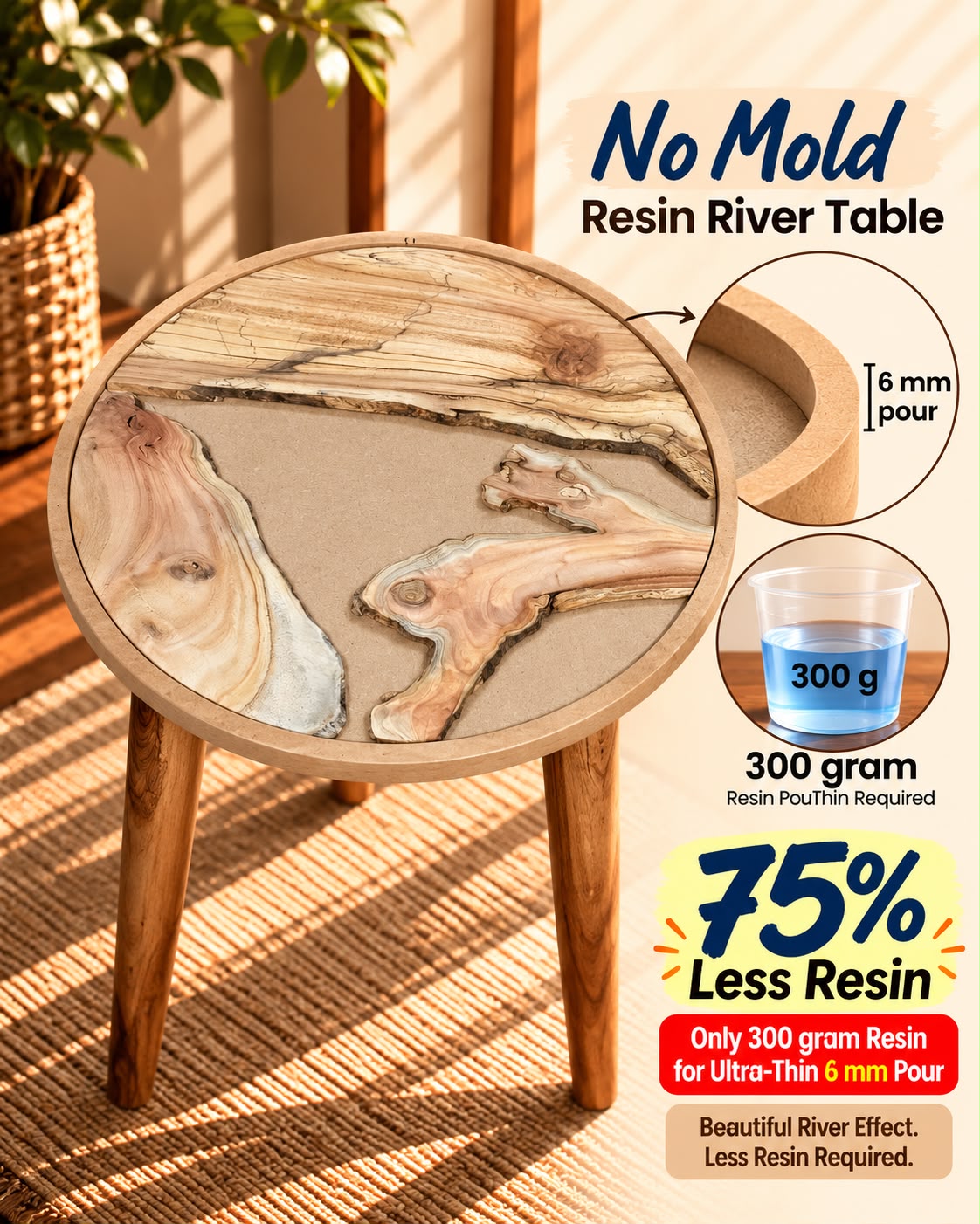 16" Resin Saver Round River Table with Wooden Legs  [Style 3]